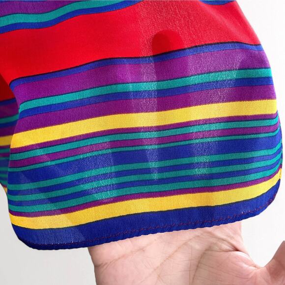 Vintage 100% Silk Shawl Scarf Semi Sheer Striped Red Blue Purple Yellow Green - Picture 6 of 8